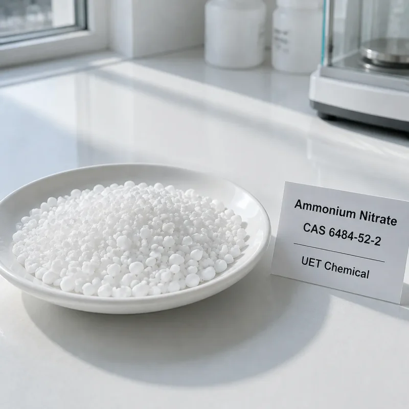 ammonium-nitrate-cas-6484-52-2-white-prills-granules White prilled ammonium nitrate CAS 6484-52-2 granules sample on a lab dish, supplied by UET Chemical