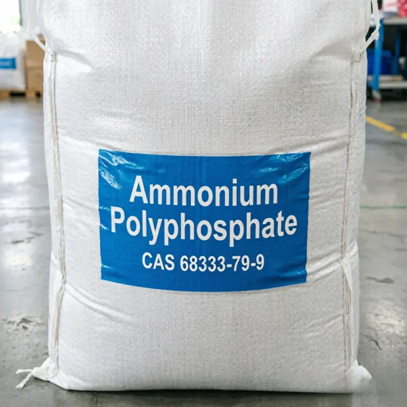 ammonium-polyphosphate-app-big-bag-cas-68333-79-9 Ammonium Polyphosphate (APP) packed in a large industrial woven bag, featuring a blue label with the clear CAS number 68333-79-9 printed for B2B raw material sourcing.