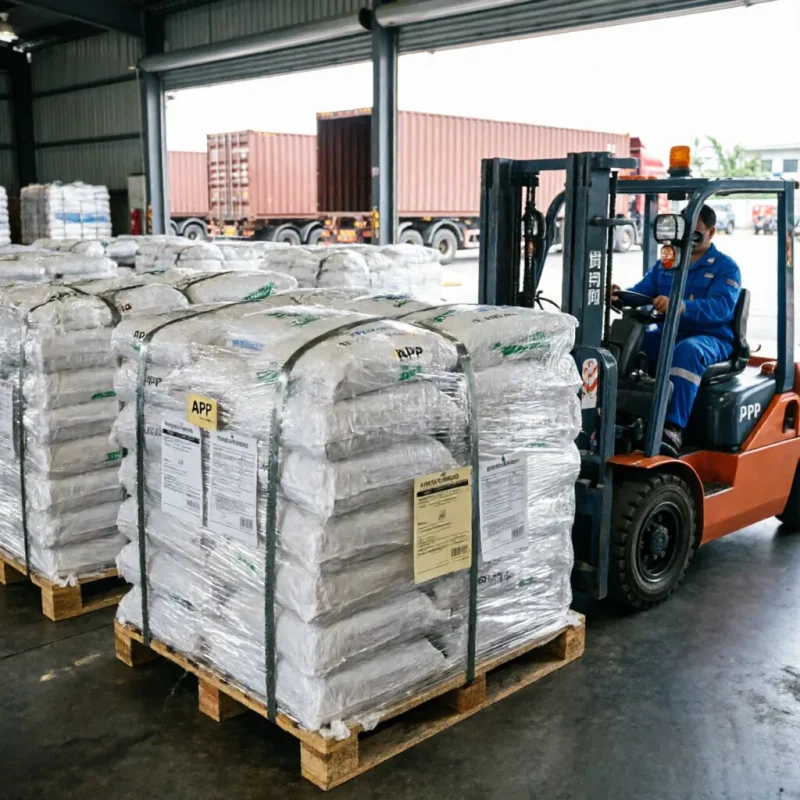 ammonium-polyphosphate-app-pallets-forklift-warehouse-loading Industrial Ammonium Polyphosphate (APP) pallets wrapped in plastic film being moved by a forklift in a warehouse, ready for global container shipping.