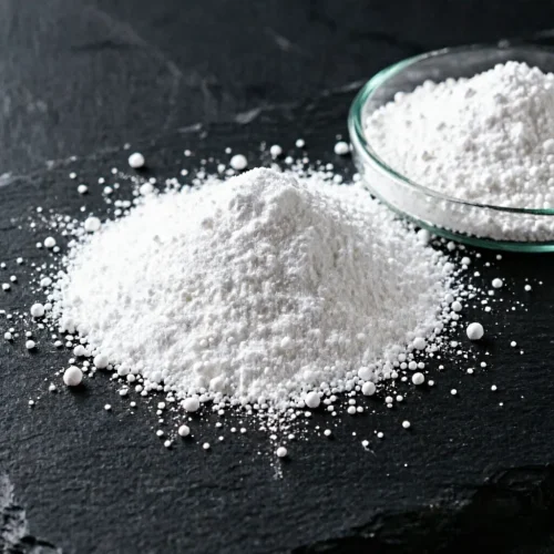 Close-up of white Ammonium Polyphosphate (APP) powder and granules, showing its fine texture used as a high-efficiency fire retardant additive for coatings and plastics.
