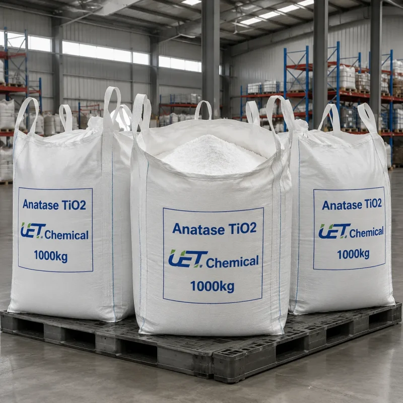 anatase-titanium-dioxide-cas-13463-67-7-three-white-ton-bags-on-pallet Three large white ton bags of Anatase Titanium Dioxide CAS 13463-67-7 on a black plastic pallet in a warehouse, each labeled with UET Chemical branding and 1000kg net weight.