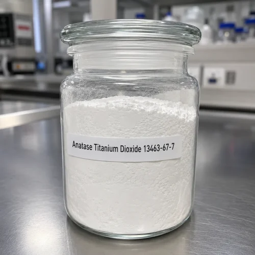 anatase-titanium-dioxide-cas-13463-67-7-white-powder-sample Fine white powder sample of Anatase Titanium Dioxide CAS 13463-67-7 in a clear glass jar on a stainless steel lab bench, with product label showing chemical name and CAS number.