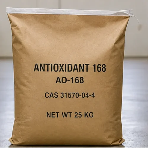 antioxidant-168-ao-168-cas-31570-04-4-25kg-paper-bag A single 25kg brown paper bag of Antioxidant 168 (AO-168) CAS 31570-04-4 standing upright, with clear black printed text showing product name and net weight.
