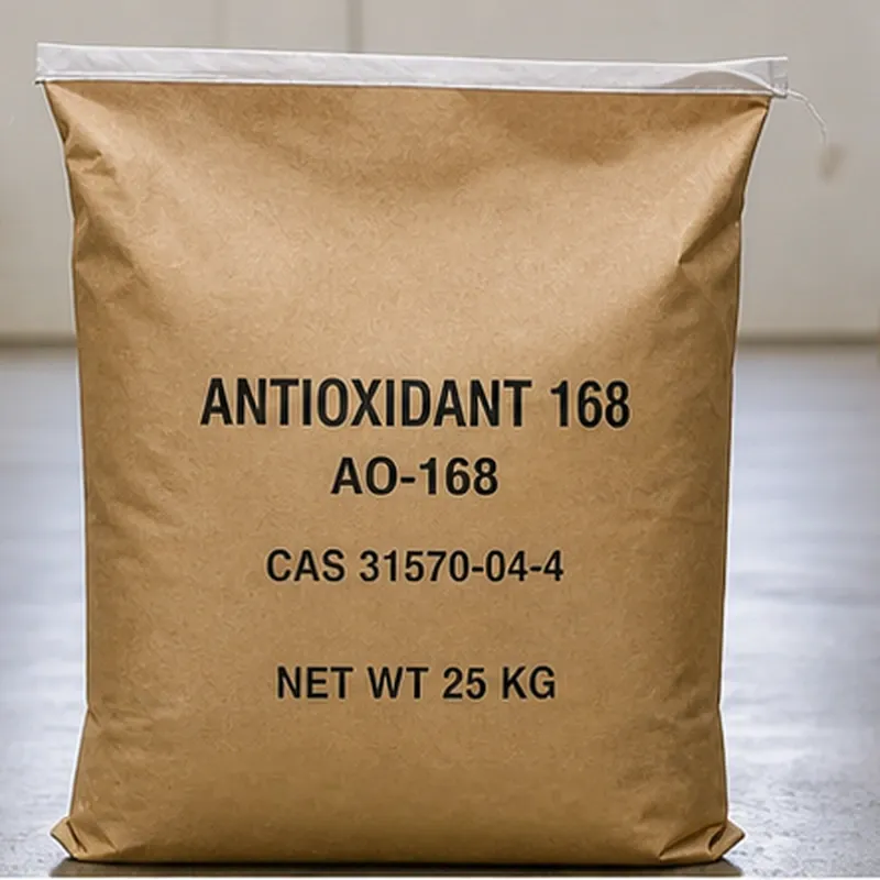 A single 25kg brown paper bag of Antioxidant 168 (AO-168) CAS 31570-04-4 standing upright, with clear black printed text showing product name and net weight.