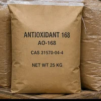 Multiple 25kg bags of Antioxidant 168 (AO-168) CAS 31570-04-4 stacked on a wooden pallet in a warehouse, ready for shipment.