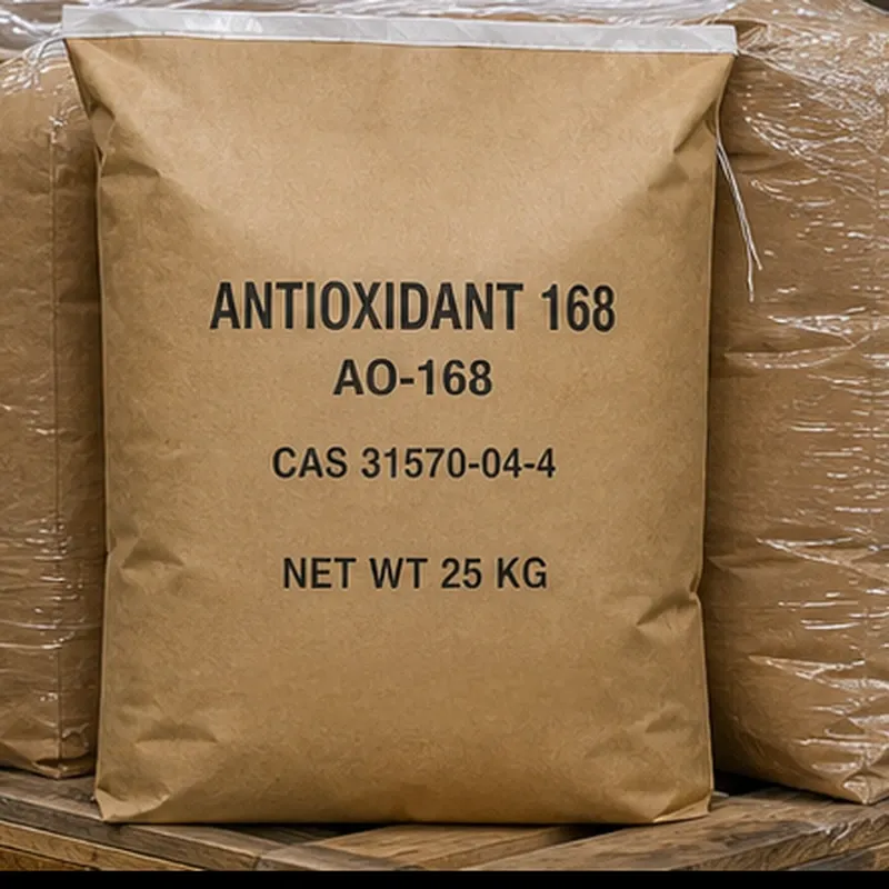 Multiple 25kg bags of Antioxidant 168 (AO-168) CAS 31570-04-4 stacked on a wooden pallet in a warehouse, ready for shipment.