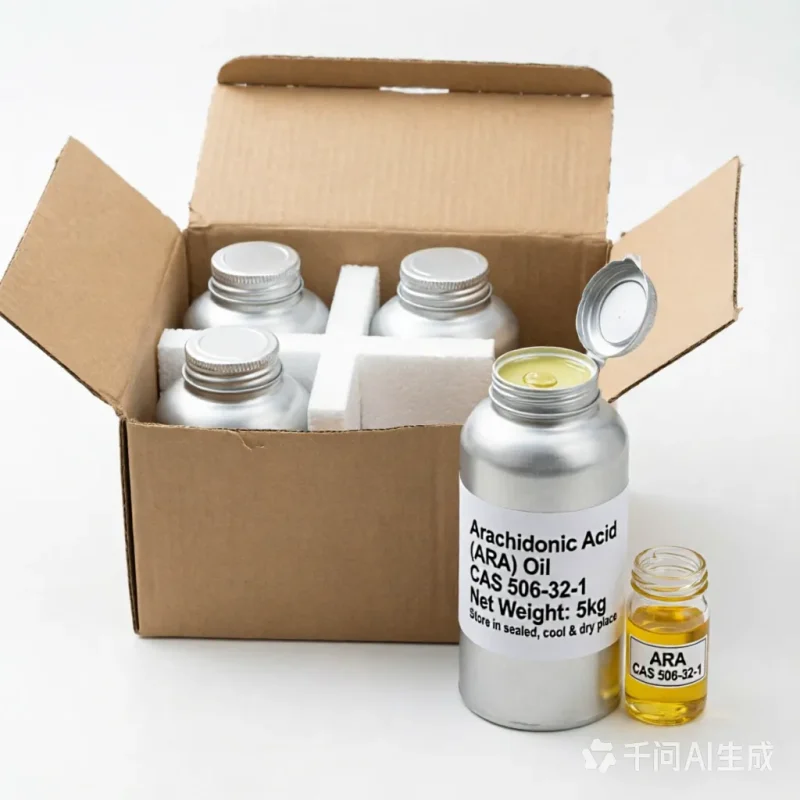 arachidonic-acid-ara-oil-5kg-aluminum-can-bulk-packaging Wholesale bulk packaging of Arachidonic Acid (ARA) Oil CAS 506-32-1 in 5kg sealed aluminum cans. The set includes a secure cardboard box with foam dividers and a small glass sample vial, ensuring optimal protection against light and oxidation for B2B nutrition ingredient supply.