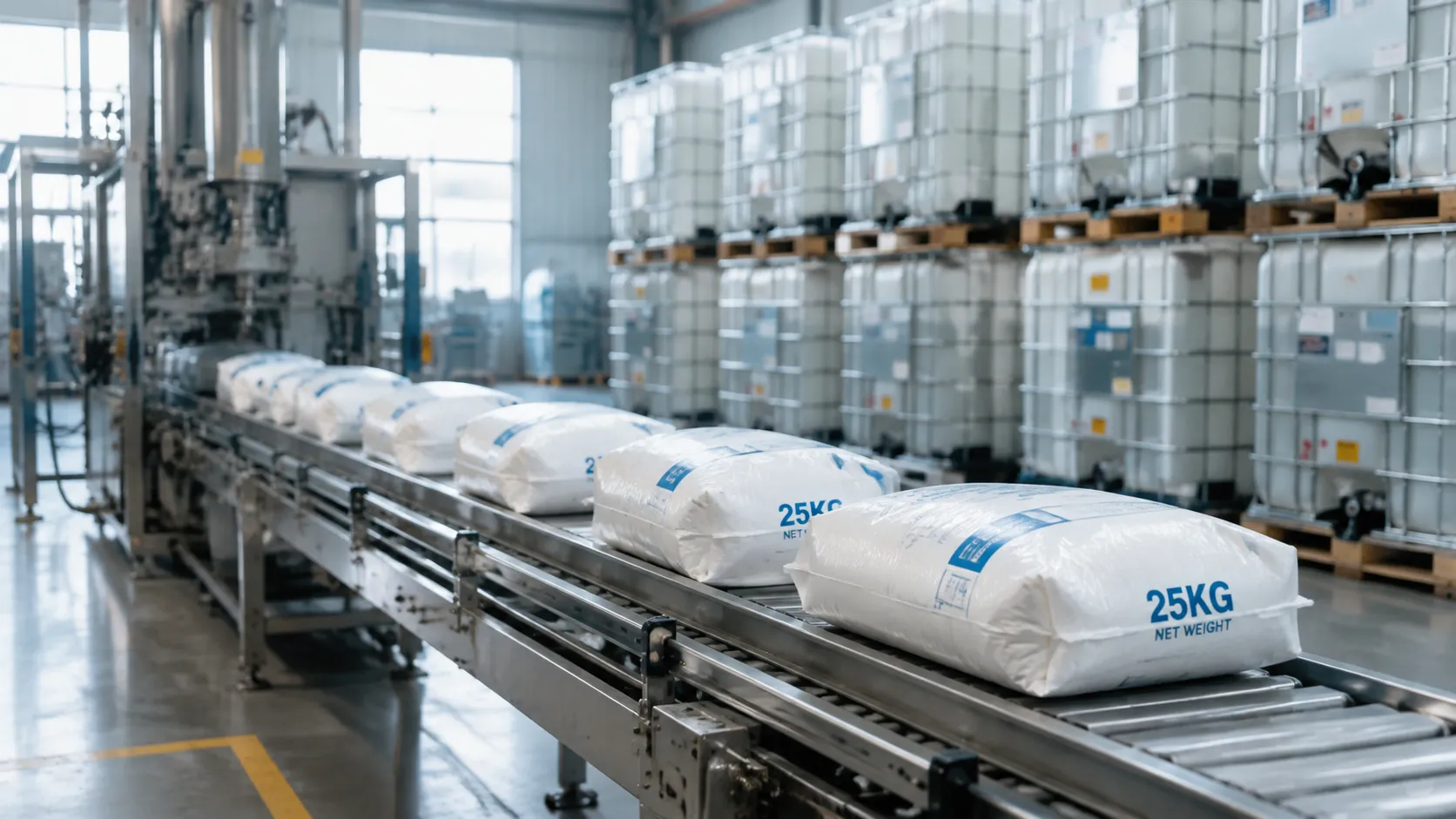 Automated packaging line at UET Chemical transporting 25kg bags of industrial chemicals, with IBC totes neatly stocked in the background.