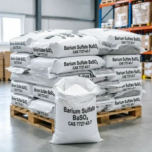 barium-sulfate-baso4-cas-7727-43-7-bulk-pallet-stock Bulk wholesale stock of Barium Sulfate (BaSO4, CAS 7727-43-7) 25kg bags shrink-wrapped on wooden pallets in a clean warehouse, demonstrating ample supply readiness for continuous industrial manufacturing needs.