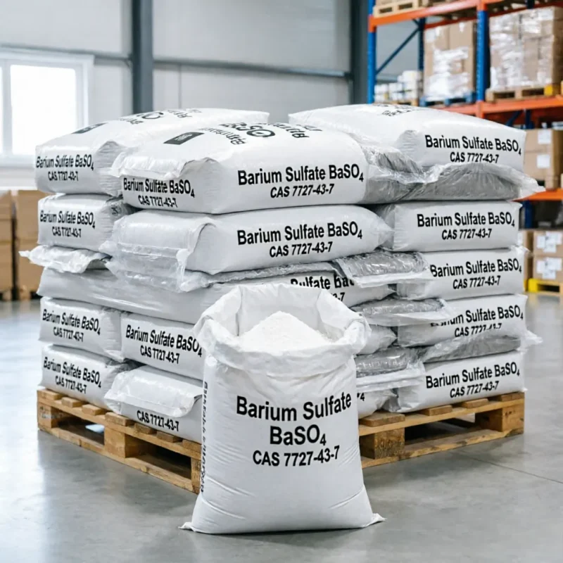 barium-sulfate-baso4-cas-7727-43-7-bulk-pallet-stock Bulk wholesale stock of Barium Sulfate (BaSO4, CAS 7727-43-7) 25kg bags shrink-wrapped on wooden pallets in a clean warehouse, demonstrating ample supply readiness for continuous industrial manufacturing needs.