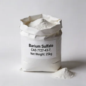barium-sulfate-cas-7727-43-7-25kg-bag-white-powder 25kg bag packaging of high-purity Barium Sulfate (BaSO4, CAS 7727-43-7) white powder, displayed with a pile of fine powder, ideal for industrial coatings, paints, plastics, and rubber fillers.
