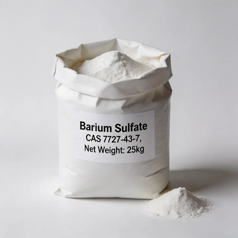 barium-sulfate-cas-7727-43-7-25kg-bag-white-powder 25kg bag packaging of high-purity Barium Sulfate (BaSO4, CAS 7727-43-7) white powder, displayed with a pile of fine powder, ideal for industrial coatings, paints, plastics, and rubber fillers.