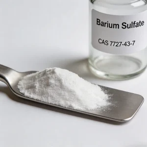 barium-sulfate-cas-7727-43-7-high-whiteness-fine-powder-sample Laboratory sample of Barium Sulfate (CAS 7727-43-7) fine white powder with a stainless steel spatula, highlighting its high whiteness, ultra-fine particle size, and excellent chemical inertness for high-quality industrial fillers.
