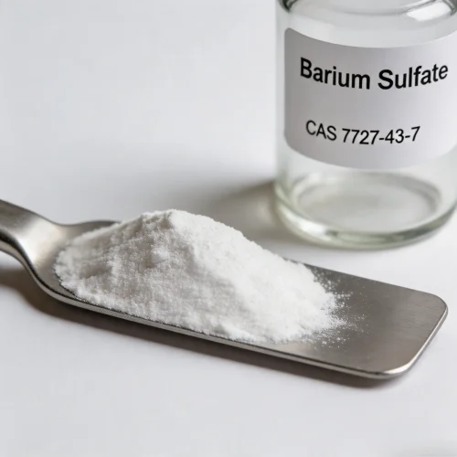 Laboratory sample of Barium Sulfate (CAS 7727-43-7) fine white powder with a stainless steel spatula, highlighting its high whiteness, ultra-fine particle size, and excellent chemical inertness for high-quality industrial fillers.
