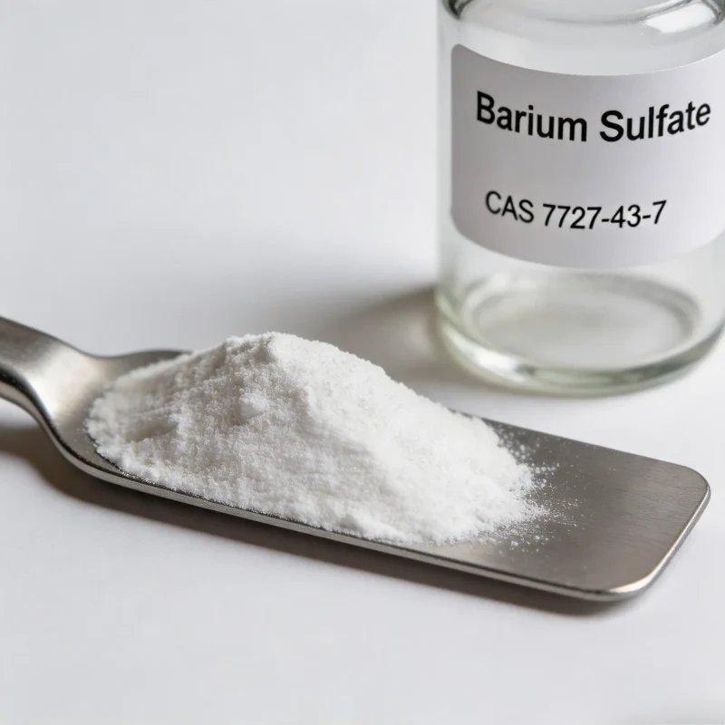 barium-sulfate-cas-7727-43-7-high-whiteness-fine-powder-sample Laboratory sample of Barium Sulfate (CAS 7727-43-7) fine white powder with a stainless steel spatula, highlighting its high whiteness, ultra-fine particle size, and excellent chemical inertness for high-quality industrial fillers.