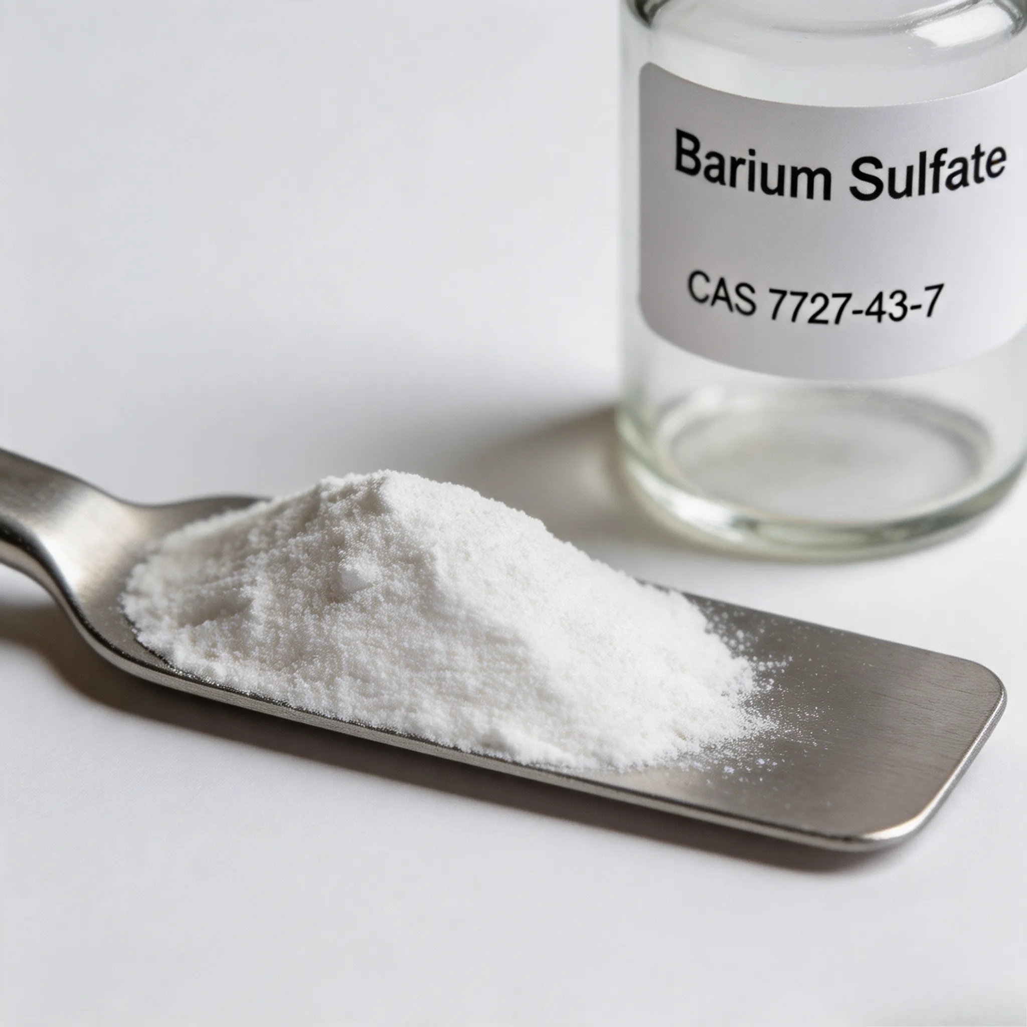 Laboratory sample of Barium Sulfate (CAS 7727-43-7) fine white powder with a stainless steel spatula, highlighting its high whiteness, ultra-fine particle size, and excellent chemical inertness for high-quality industrial fillers.