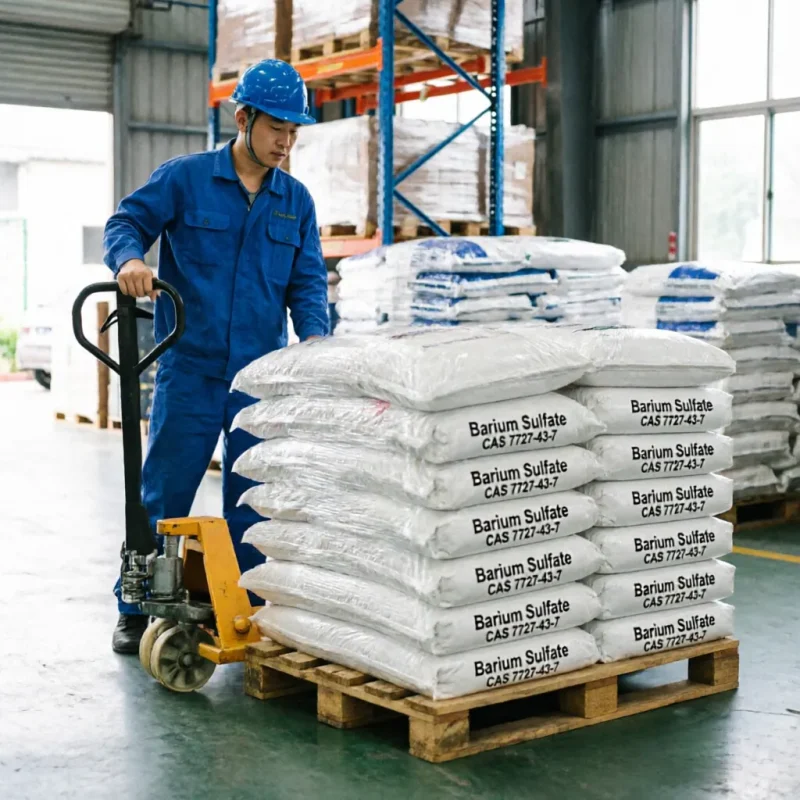 barium-sulfate-cas-7727-43-7-warehouse-pallet-transport Warehouse logistics for Barium Sulfate (CAS 7727-43-7) 25kg bags on a wooden pallet, being transported by a worker with a manual pallet jack, showcasing reliable bulk inventory management for B2B chemical supply.