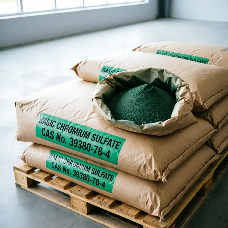 basic-chromium-sulfate-chrome-tanning-wet-blue-leather.jpg Basic chromium sulfate CAS 39380-78-4 packed in 25 kg kraft paper bags on wooden pallet, open bag showing green powder