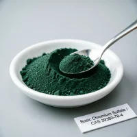 basic-chromium-sulfate-green-powder-cas-39380-78-4 Basic chromium sulfate CAS 39380-78-4 green powder sample with stainless spoon in white porcelain dish