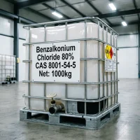 benzalkonium-chloride-cas-8001-54-5-1000kg-ibc-ton-bulk-packaging 1000kg IBC tote of Benzalkonium Chloride CAS 8001-54-5 80% aqueous solution in a metal cage with UN hazard labels and bottom discharge valve for large-scale industrial delivery.
