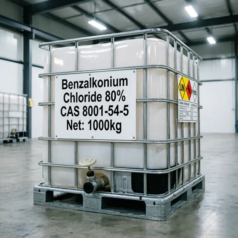 benzalkonium-chloride-cas-8001-54-5-1000kg-ibc-ton-bulk-packaging 1000kg IBC tote of Benzalkonium Chloride CAS 8001-54-5 80% aqueous solution in a metal cage with UN hazard labels and bottom discharge valve for large-scale industrial delivery.
