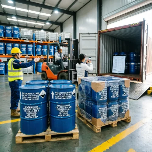 Bulk Benzalkonium Chloride CAS 8001-54-5 50% BAC solution in blue drums being loaded into a shipping container with forklift and warehouse staff documenting the export process.