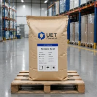 benzoic-acid-25kg-kraft-paper-bag-pallet-cas-65-85-0 25kg kraft paper bag of benzoic acid CAS 65-85-0 by UET Chemical on wooden pallet in warehouse aisle