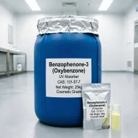 benzophenone-3-oxybenzone-25kg-industrial-drum-sample-pack 25kg blue drum and foil sample bag of Cosmetic Grade Benzophenone-3 (Oxybenzone) CAS 131-57-7 UV absorber, featuring aluminum sealing for safe bulk chemical packaging.