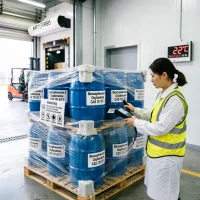 benzophenone-3-oxybenzone-cas-131-57-7-warehouse-export-inspection Logistics staff conducting quality check on Benzophenone-3 (Oxybenzone) CAS 131-57-7 UV absorber drums wrapped for air cargo export in a temperature-controlled warehouse.