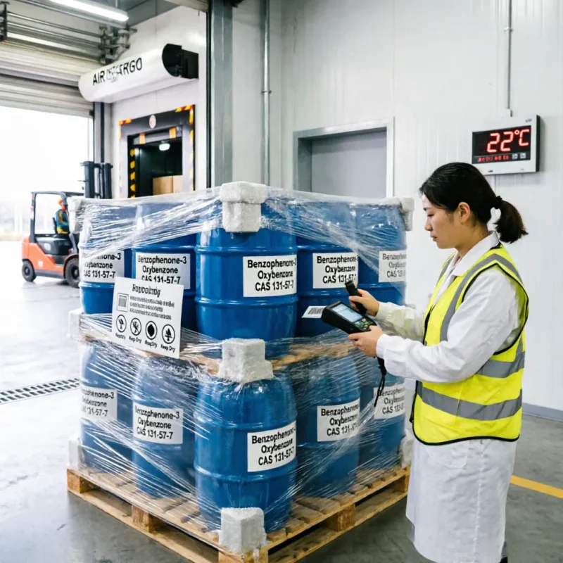benzophenone-3-oxybenzone-cas-131-57-7-warehouse-export-inspection Logistics staff conducting quality check on Benzophenone-3 (Oxybenzone) CAS 131-57-7 UV absorber drums wrapped for air cargo export in a temperature-controlled warehouse.