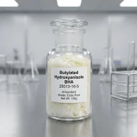 Butylated Hydroxyanisole BHA (CAS 25013-16-5) antioxidant white waxy flakes sample in laboratory bottle