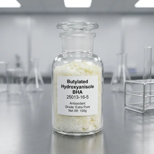 bha-cas-25013-16-5-antioxidant-white-flakes Butylated Hydroxyanisole BHA (CAS 25013-16-5) antioxidant white waxy flakes sample in laboratory bottle