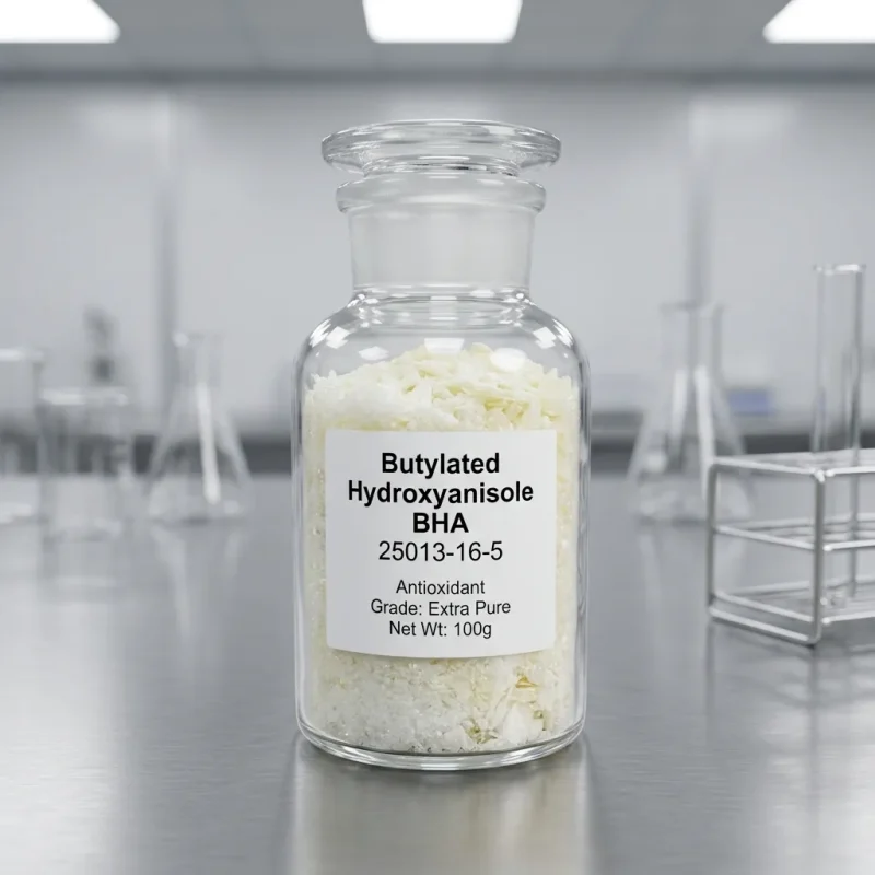 Butylated Hydroxyanisole BHA (CAS 25013-16-5) antioxidant white waxy flakes sample in laboratory bottle