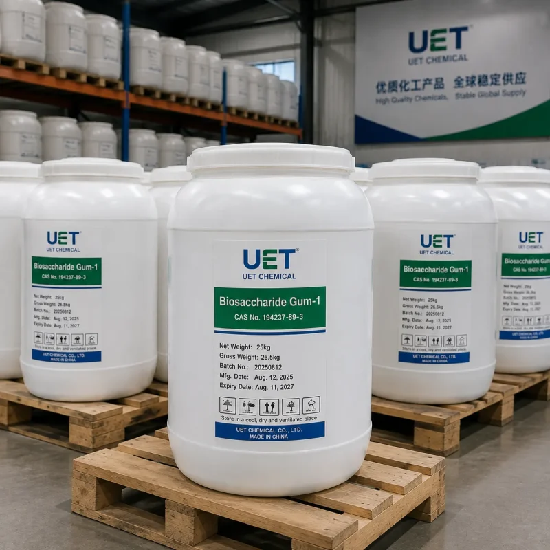 biosaccharide-gum-1-cas-194237-89-3-25kg-drums-warehouse Biosaccharide Gum-1 (CAS 194237-89-3) in 25 kg white HDPE drums stocked in UET Chemical warehouse for stable bulk supply.