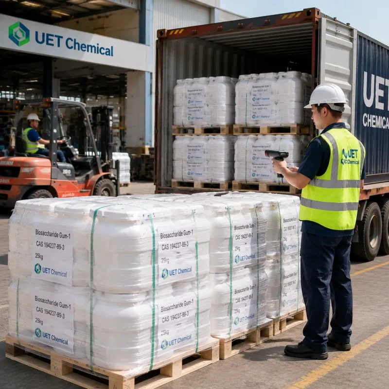 biosaccharide-gum-1-cas-194237-89-3-container-loading UET Chemical loading palletized 25 kg Biosaccharide Gum-1 (CAS 194237-89-3) drums into a container for export.