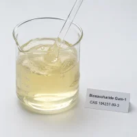 biosaccharide-gum-1-cas-194237-89-3-viscous-liquid-sample Pale yellow viscous Biosaccharide Gum-1 liquid (CAS 194237-89-3) in a glass beaker with stirring rod showing product texture.