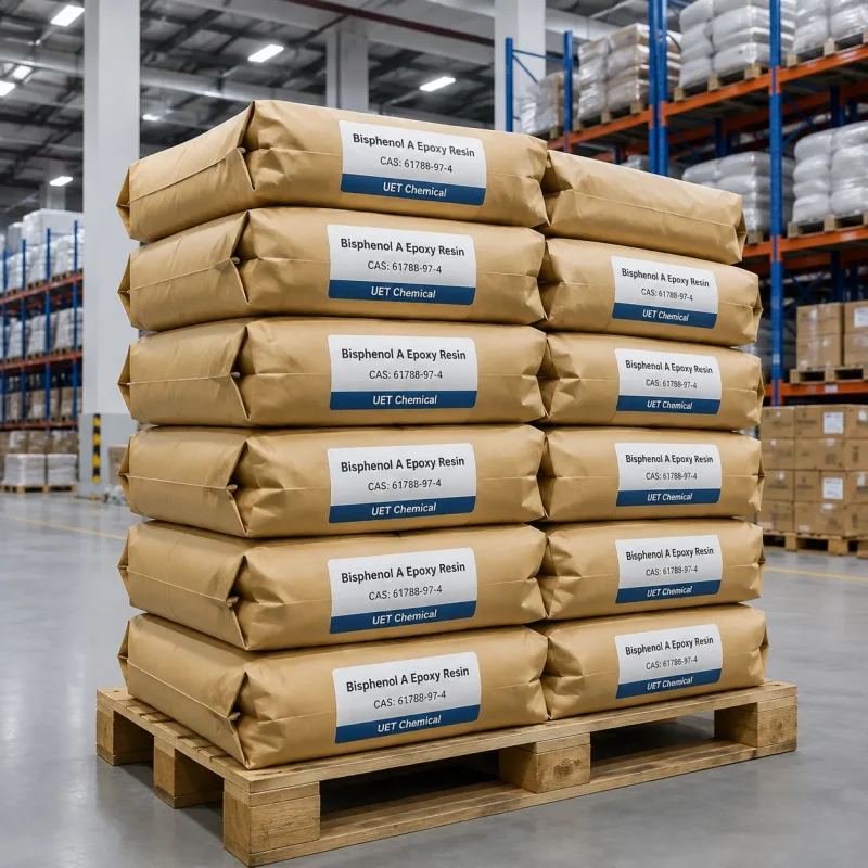 bisphenol-a-epoxy-resin-kraft-bag-packaging-warehouse Stacked kraft paper bags of Bisphenol A Epoxy Resin CAS 61788-97-4 on wooden pallets in a warehouse, labeled with UET Chemical branding, ready for bulk shipment.