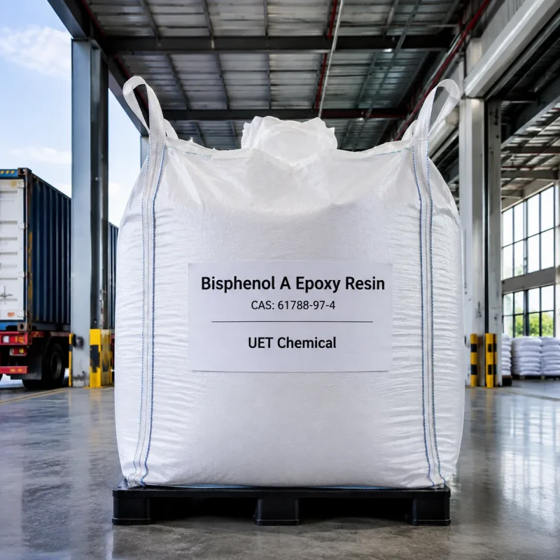 bisphenol-a-epoxy-resin-ton-bag-packaging-warehouse White ton bag of Bisphenol A Epoxy Resin CAS 61788-97-4 with UET Chemical branding, stored in a modern warehouse, suitable for bulk industrial supply.
