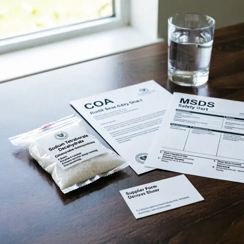 borax-decahydrate-cas-1303-96-4-coa-msds-sample-pack B2B supplier quality assurance for Sodium Tetraborate Decahydrate (Borax Decahydrate) CAS 1303-96-4, featuring a sample bag, Certificate of Analysis (COA), Material Safety Data Sheet (MSDS), and supplier card to ensure full product traceability and compliance.