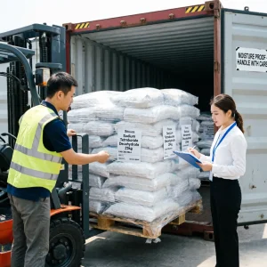 borax-decahydrate-cas-1303-96-4-container-loading-moisture-proof Export loading of Sodium Tetraborate Decahydrate (Borax Decahydrate) CAS 1303-96-4 pallets into a shipping container. The container displays a clear "MOISTURE PROOF - HANDLE WITH CARE" sticker, highlighting strict packaging standards to prevent clumping during ocean freight.