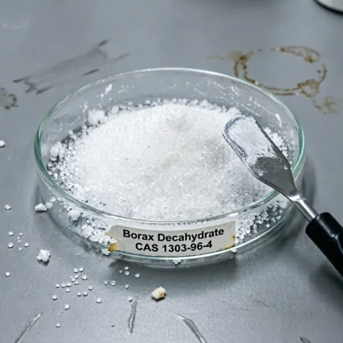 borax-decahydrate-cas-1303-96-4-white-crystalline-powder-lab-sample High-purity Sodium Tetraborate Decahydrate (Borax Decahydrate) CAS 1303-96-4 white crystalline powder displayed in a glass petri dish with a spatula, showcasing its clean texture for industrial glassmaking and metallurgical applications.