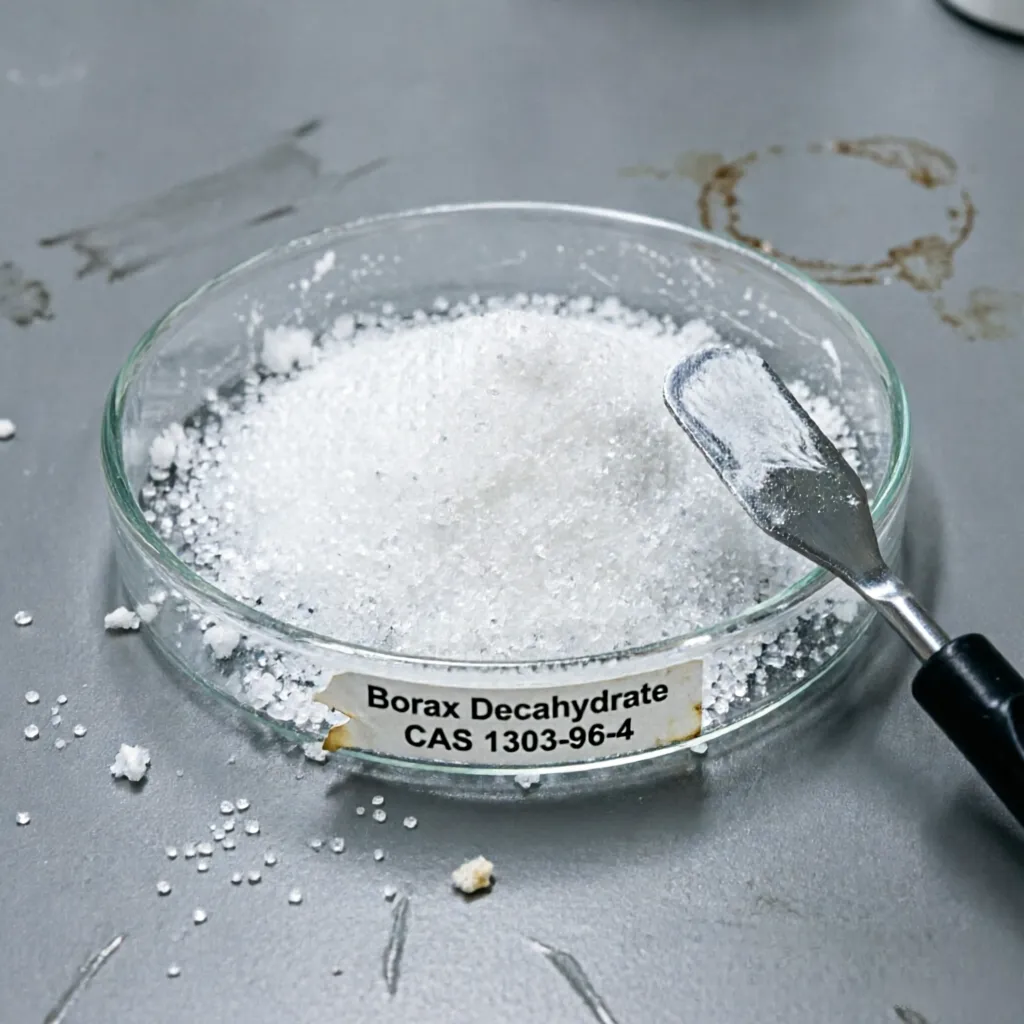 High-purity Sodium Tetraborate Decahydrate (Borax Decahydrate) CAS 1303-96-4 white crystalline powder displayed in a glass petri dish with a spatula, showcasing its clean texture for industrial glassmaking and metallurgical applications.
