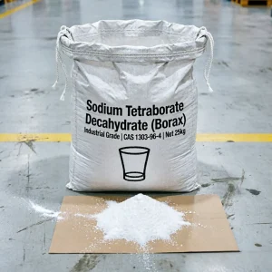 borax-industrial-grade-25kg-woven-bag-powder-pile Industrial Grade Sodium Tetraborate Decahydrate (Borax Decahydrate) CAS 1303-96-4 25kg woven sack packaging, displayed with a pile of white powder and a water glass icon on the bag, essential for ceramics, detergents, and flame retardant production.
