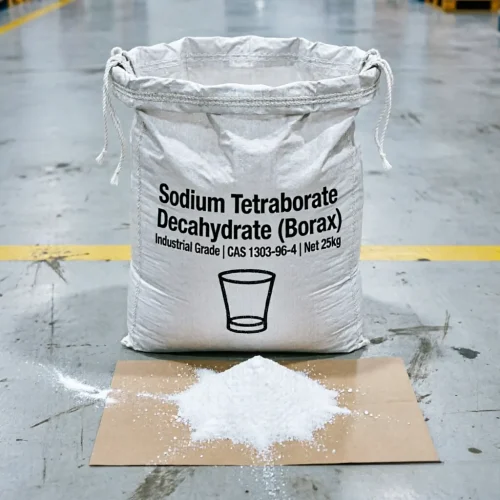Industrial Grade Sodium Tetraborate Decahydrate (Borax Decahydrate) CAS 1303-96-4 25kg woven sack packaging, displayed with a pile of white powder and a water glass icon on the bag, essential for ceramics, detergents, and flame retardant production.