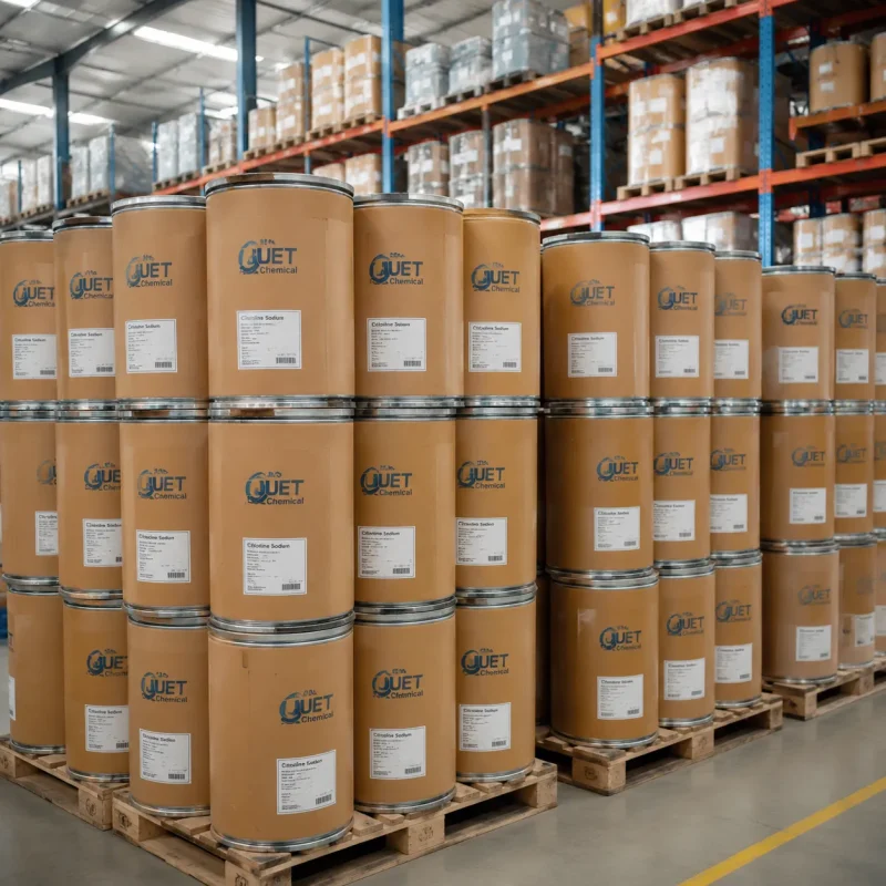 bulk-citicoline-sodium-drums-warehouse-stock-cas-33818-15-4 Stacked fiber drums of citicoline sodium CAS 33818-15-4 on pallets, bulk warehouse stock by UET Chemical