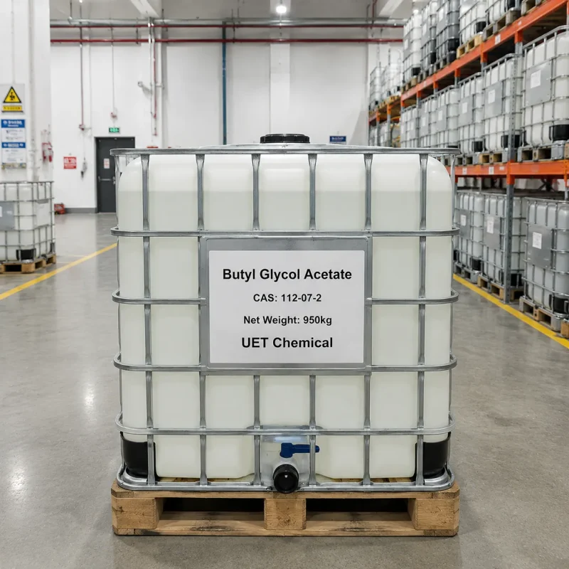 butyl-glycol-acetate-cas-112-07-2-1000l-ibc-tote-bulk-chemical-packaging-uetchemical 1000L IBC tote containing bulk supply of Butyl Glycol Acetate CAS 112-07-2 with UET Chemical branding, ready for industrial shipping.