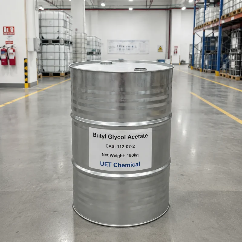 butyl-glycol-acetate-cas-112-07-2-190kg-galvanized-steel-drum-packaging-uetchemical 190kg galvanized steel drum packaging of Butyl Glycol Acetate CAS 112-07-2 by UET Chemical, stored in a clean and organized chemical warehouse.