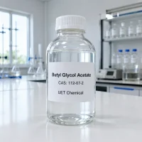 butyl-glycol-acetate-cas-112-07-2-chemical-solvent-sample-uetchemical Clear glass reagent bottle containing colorless Butyl Glycol Acetate CAS 112-07-2 liquid solvent sample with UET Chemical label in a modern chemical laboratory.
