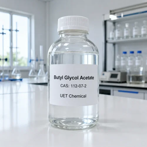 Clear glass reagent bottle containing colorless Butyl Glycol Acetate CAS 112-07-2 liquid solvent sample with UET Chemical label in a modern chemical laboratory.