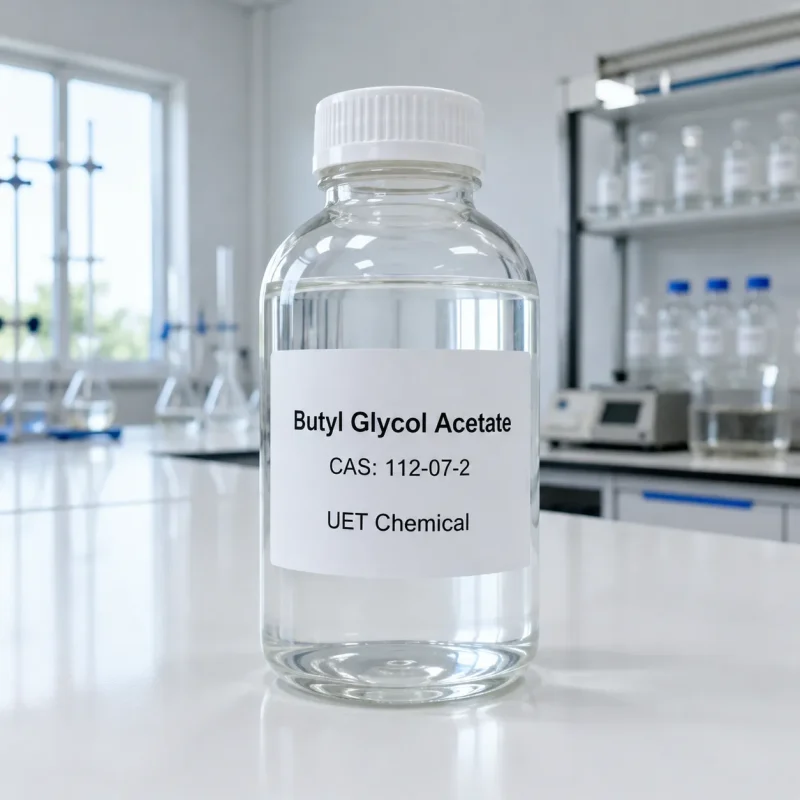 butyl-glycol-acetate-cas-112-07-2-chemical-solvent-sample-uetchemical Clear glass reagent bottle containing colorless Butyl Glycol Acetate CAS 112-07-2 liquid solvent sample with UET Chemical label in a modern chemical laboratory.